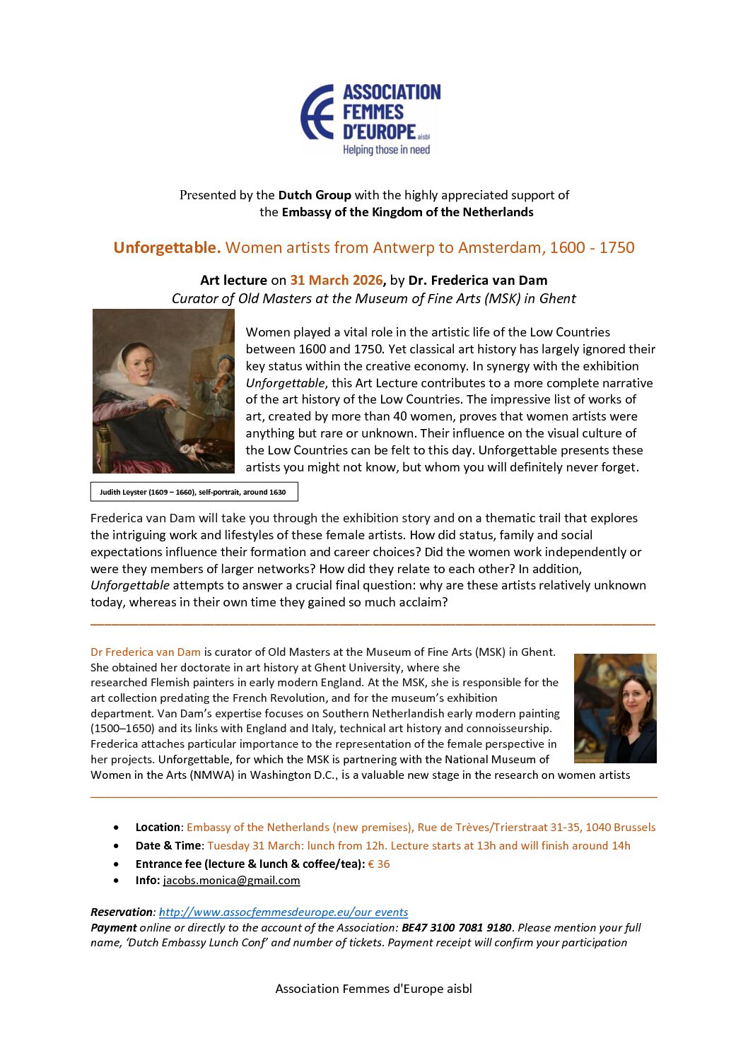 Lunch conference: Unforgettable. Women artists from Antwerp to Amsterdam, 1600 – 1750